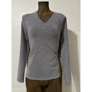 Silver Sparkle Glitter Top Women’s 1XL/2XL V Neck Club Party Long Sleeves
